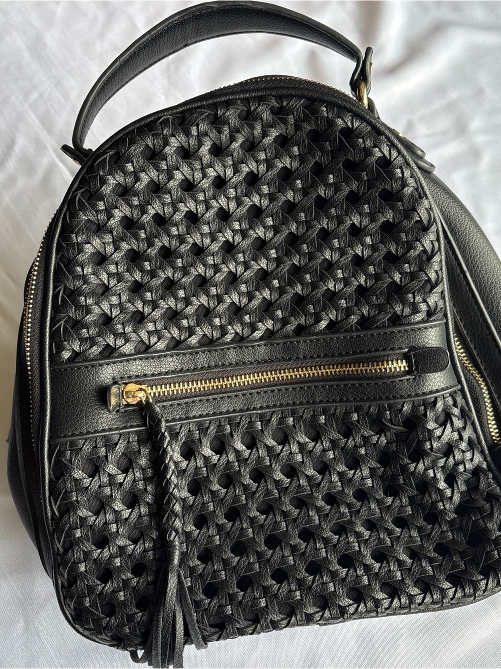 Woven Black Leather Backpack - Women's Stylish Carry